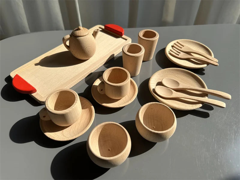 Wood Kitchen Toys Wooden Eggs Unpainted, Kitchen Bowl, Teapot Cups, Toaster, Baguette