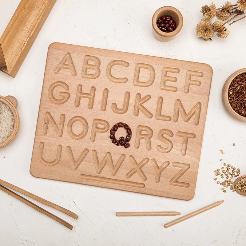 Montessori Wooden Alphabet Tracing Board Puzzle Double Sided Letters A-Z and 0-9 Numbers Geometric Cognitive Writing Board