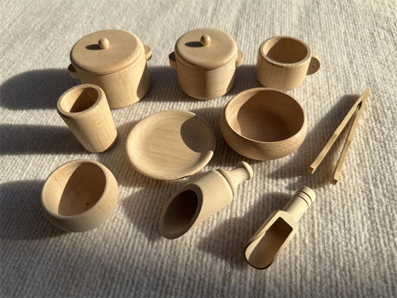 Wood Kitchen Toys Wooden Eggs Unpainted, Kitchen Bowl, Teapot Cups, Toaster, Baguette