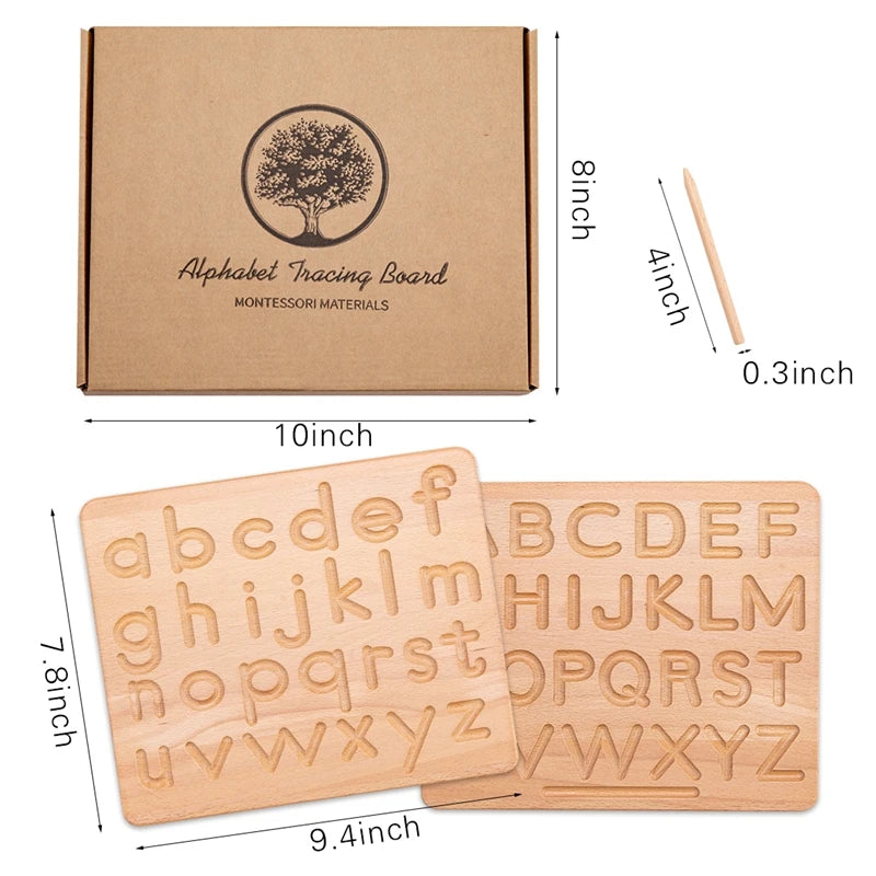 Montessori Wooden Alphabet Tracing Board Puzzle Double Sided Letters A-Z and 0-9 Numbers Geometric Cognitive Writing Board