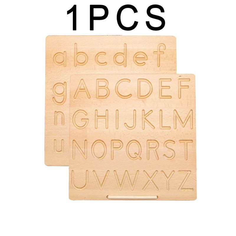 Montessori Wooden Alphabet Tracing Board Puzzle Double Sided Letters A-Z and 0-9 Numbers Geometric Cognitive Writing Board
