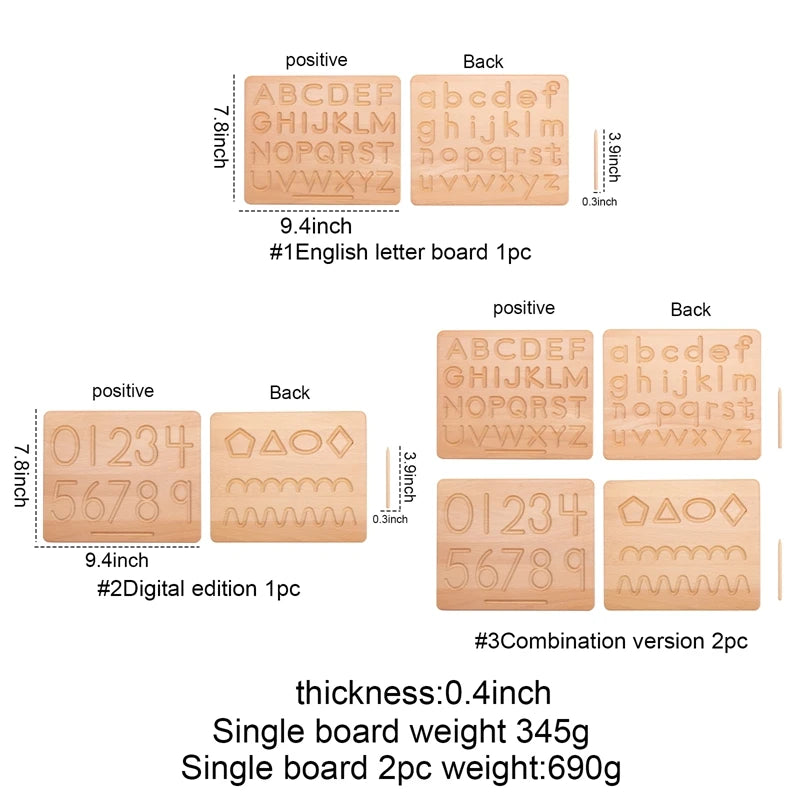 Montessori Wooden Alphabet Tracing Board Puzzle Double Sided Letters A-Z and 0-9 Numbers Geometric Cognitive Writing Board