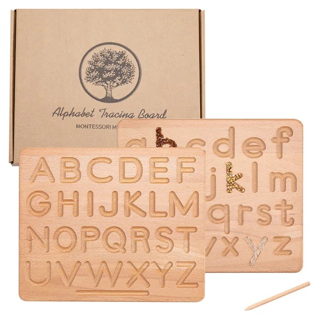 Montessori Wooden Alphabet Tracing Board Puzzle Double Sided Letters A-Z and 0-9 Numbers Geometric Cognitive Writing Board