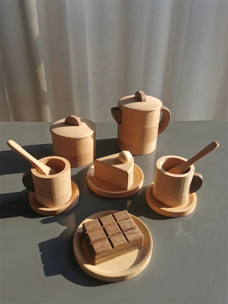 Wood Kitchen Toys Wooden Eggs Unpainted, Kitchen Bowl, Teapot Cups, Toaster, Baguette
