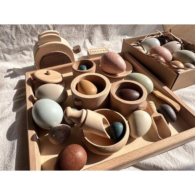 Wood Kitchen Toys Wooden Eggs Unpainted, Kitchen Bowl, Teapot Cups, Toaster, Baguette