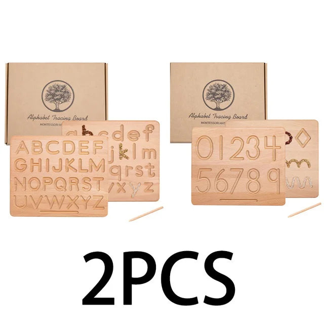 Montessori Wooden Alphabet Tracing Board Puzzle Double Sided Letters A-Z and 0-9 Numbers Geometric Cognitive Writing Board