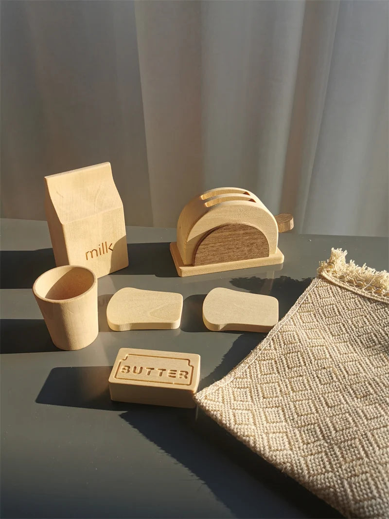 Wood Kitchen Toys Wooden Eggs Unpainted, Kitchen Bowl, Teapot Cups, Toaster, Baguette