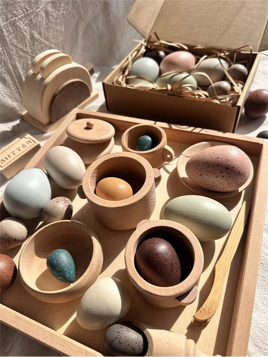 Wood Kitchen Toys Wooden Eggs Unpainted, Kitchen Bowl, Teapot Cups, Toaster, Baguette