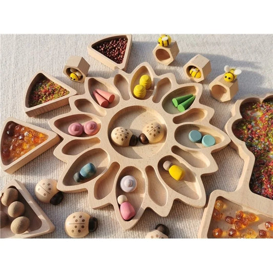 Wooden Montessori Sensory Trays, Wooden LadyBugs, Coin Counting Leaves