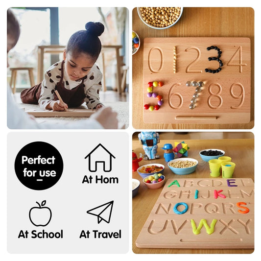 Montessori Wooden Alphabet Tracing Board Puzzle Double Sided Letters A-Z and 0-9 Numbers Geometric Cognitive Writing Board